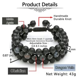 Mens 8mm Tiger Eye Stone Black Agate Bracelet Yoga Healing Crystal Bracelet Natural Beads Bracelets Braided 3 Layer Jewelry