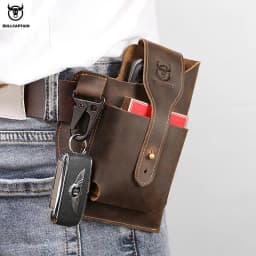 BULLCAPTAIN 2023 New Men's Leather Waist Bag Can Be Used For 5.5-6.8-Inch Mobile Phone Carrying Cigarette Case Outdoor Bag