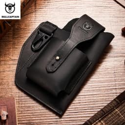 BULLCAPTAIN 2023 New Men's Leather Waist Bag Can Be Used For 5.5-6.8-Inch Mobile Phone Carrying Cigarette Case Outdoor Bag