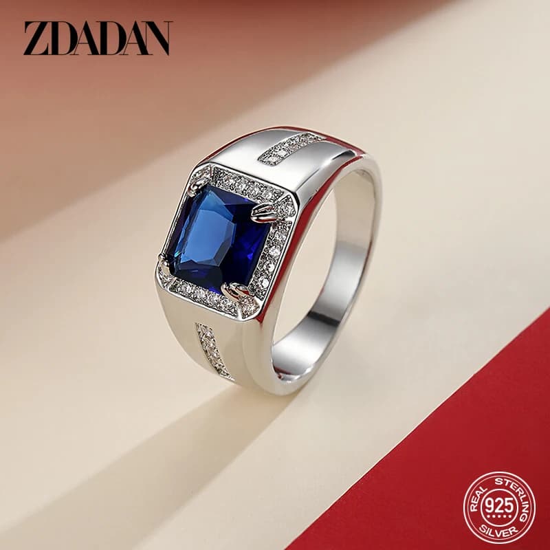 ZDADAN 925 Sterling Silver Blue Green Crystal Adjustable Ring For Women Men Fashion Party Jewelry Gift