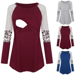 Women Maternity Long Sleeve Nursing Patchwork Color Tops Breastfeeding Blouse