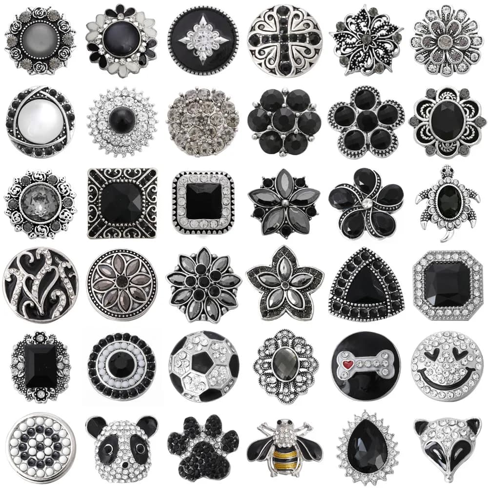 6pcs/lot Wholesale Black Snap Button Jewelry Mixed Rhinestone 18mm Snap Button Fit Snap Button Bracelet Necklace Charm Jewelry