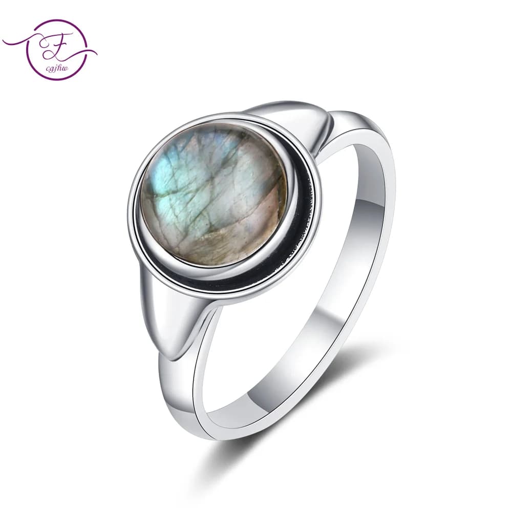 Simple Ring Jewelry Natural Labradorite S925 Silver Round Tiger Eye Moonstone Ring for Women Wedding Party Luxury Gift