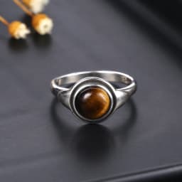 Simple Ring Jewelry Natural Labradorite S925 Silver Round Tiger Eye Moonstone Ring for Women Wedding Party Luxury Gift