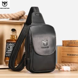 BULLCAPTAIN Men's Crossbody Bags Crazy Horse Leather Chest Bag's Leather Crossbody Bages Retro Men's Zip Pocket Short Travel Bag