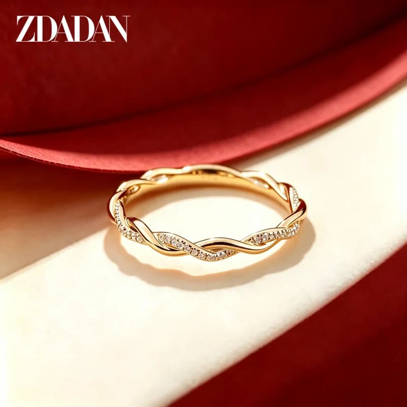 ZDADAN 925 Sterling Silver 18K Gold Twisted Zircon Rings For Women Fashion Wedding Jewelry
