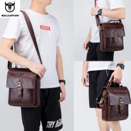 BULLCAPTAIN Men's Leather Shoulder Bag, Retro Business Crossbody Bag, Large Capacity Fashion Casual Youth Student Handbag
