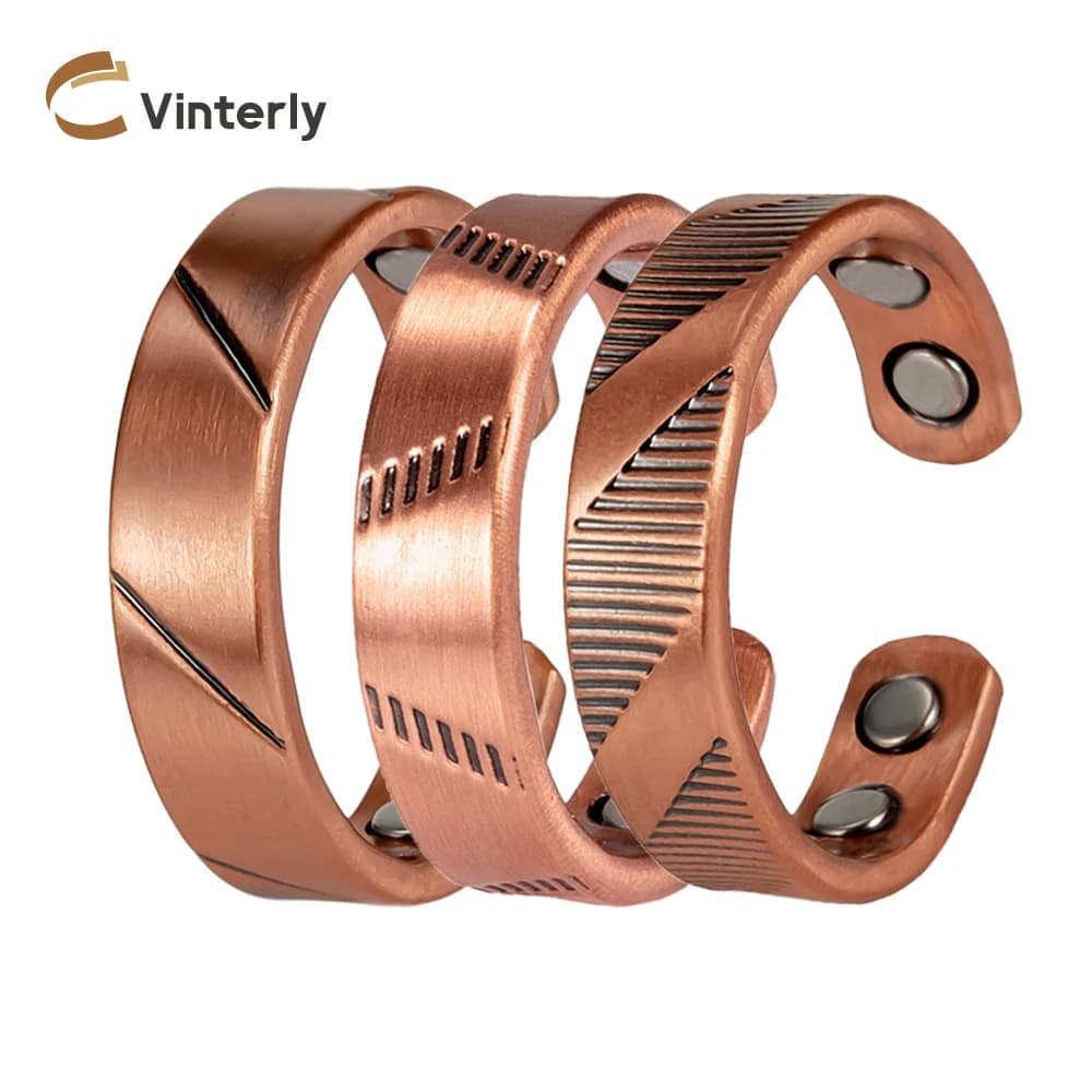 Vinterly Pure Copper Magnetic Rings Lines Adjustable Vintage 6mm Open Cuff Jewelry Wedding Bands Resizable Finger Metal Soft