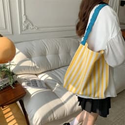 Contrast Color Women's Stripe Shoulder Bags Simple Canvas College Girls Book Tote Shopping Bag Casual Female Travel Handbags