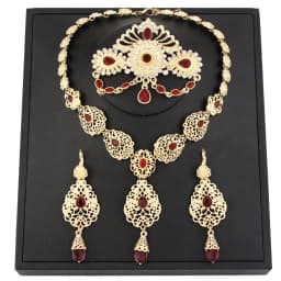 Sunspicems Chic Morocco Bride Jewelry Sets Gold Color Arabia Drop Earring Choker Necklace Caftan Brooch Sets 3Pcs Hollow Flower