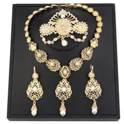 Sunspicems Chic Morocco Bride Jewelry Sets Gold Color Arabia Drop Earring Choker Necklace Caftan Brooch Sets 3Pcs Hollow Flower