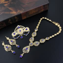 Sunspicems Chic Morocco Bride Jewelry Sets Gold Color Arabia Drop Earring Choker Necklace Caftan Brooch Sets 3Pcs Hollow Flower