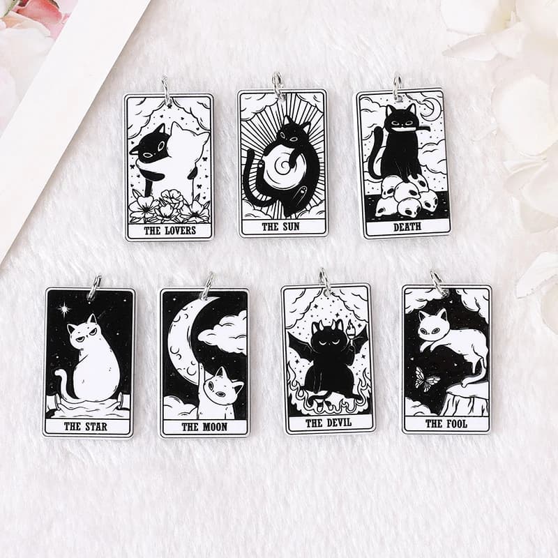 8Pcs 39*23 MM Black White Cat Tarot Card Charms Creative Acrylic Sun Moon And Lovers Jewelry For Earring Necklace Diy