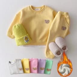 Korean Baby Boys Winter Clothes Sets Warm Bear Velvet Pullover Sweatshirt Tops+Harem Pants Suits 2pcs Girls Fleece Lined Clothes
