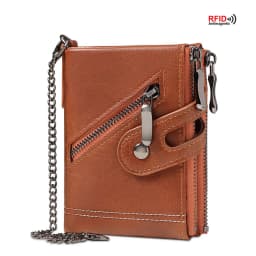 Classic Retro Men's Chain Wallet RFID Anti-Theft Men's Leather Wallet Double Zipper Coin Purse Credit Card Holder for Men