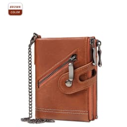 Classic Retro Men's Chain Wallet RFID Anti-Theft Men's Leather Wallet Double Zipper Coin Purse Credit Card Holder for Men