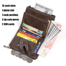 Classic Retro Men's Chain Wallet RFID Anti-Theft Men's Leather Wallet Double Zipper Coin Purse Credit Card Holder for Men