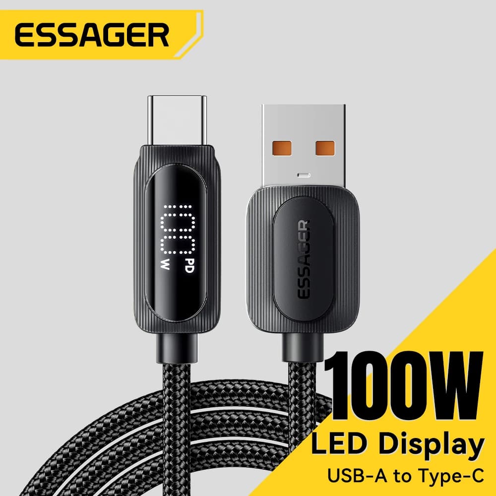 Essager 100W USB A to Type C Fast Charge Cable Type C Data Cord for Xiaomi Samsung Huawei Realme With Led Digital Display Cable