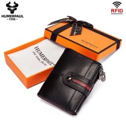 HUMERPAUL 100% Genuine Leather Mens Casual Wallet RFID Blocking Credit Card Holder with Zipper Coin Pocket Short Male Clutch Bag
