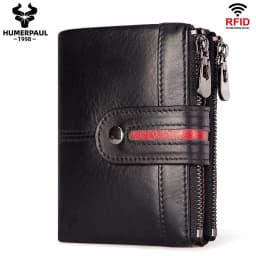 HUMERPAUL 100% Genuine Leather Mens Casual Wallet RFID Blocking Credit Card Holder with Zipper Coin Pocket Short Male Clutch Bag