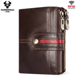 HUMERPAUL 100% Genuine Leather Mens Casual Wallet RFID Blocking Credit Card Holder with Zipper Coin Pocket Short Male Clutch Bag