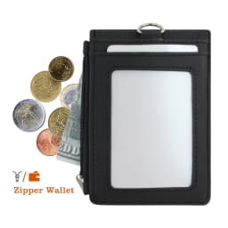 Multipurpose Lanyard ID Badge Holder PU Leather Zipper Pocket with 4 Card Slots for Offices School Credit Cards Identification