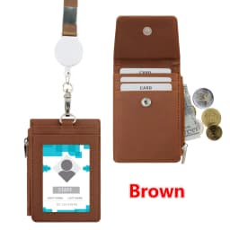 Multipurpose Lanyard ID Badge Holder PU Leather Zipper Pocket with 4 Card Slots for Offices School Credit Cards Identification