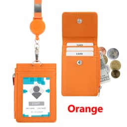 Multipurpose Lanyard ID Badge Holder PU Leather Zipper Pocket with 4 Card Slots for Offices School Credit Cards Identification