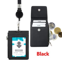 Multipurpose Lanyard ID Badge Holder PU Leather Zipper Pocket with 4 Card Slots for Offices School Credit Cards Identification