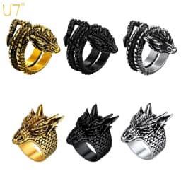 U7 Dragon Rings for Men Women Black Retro 14K Gold Color Vivid Animal Dragon Wrapped Rings Stainless Steel Cool Jewelry Gift