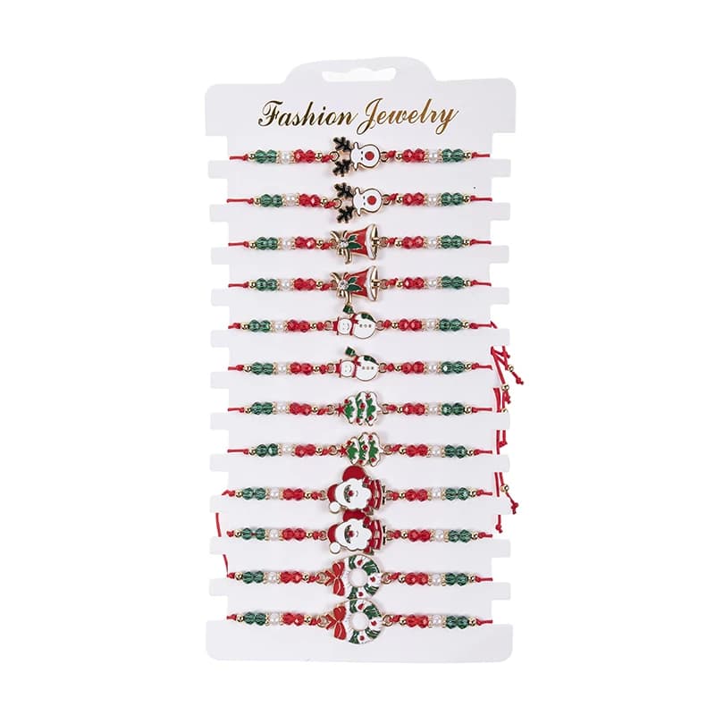 12PCS/SET Christmas Charm Bracelet Set Santa Claus Snowman Bells Elk Snowflake Rope Adjustable Bracelet for Women New Year Gift