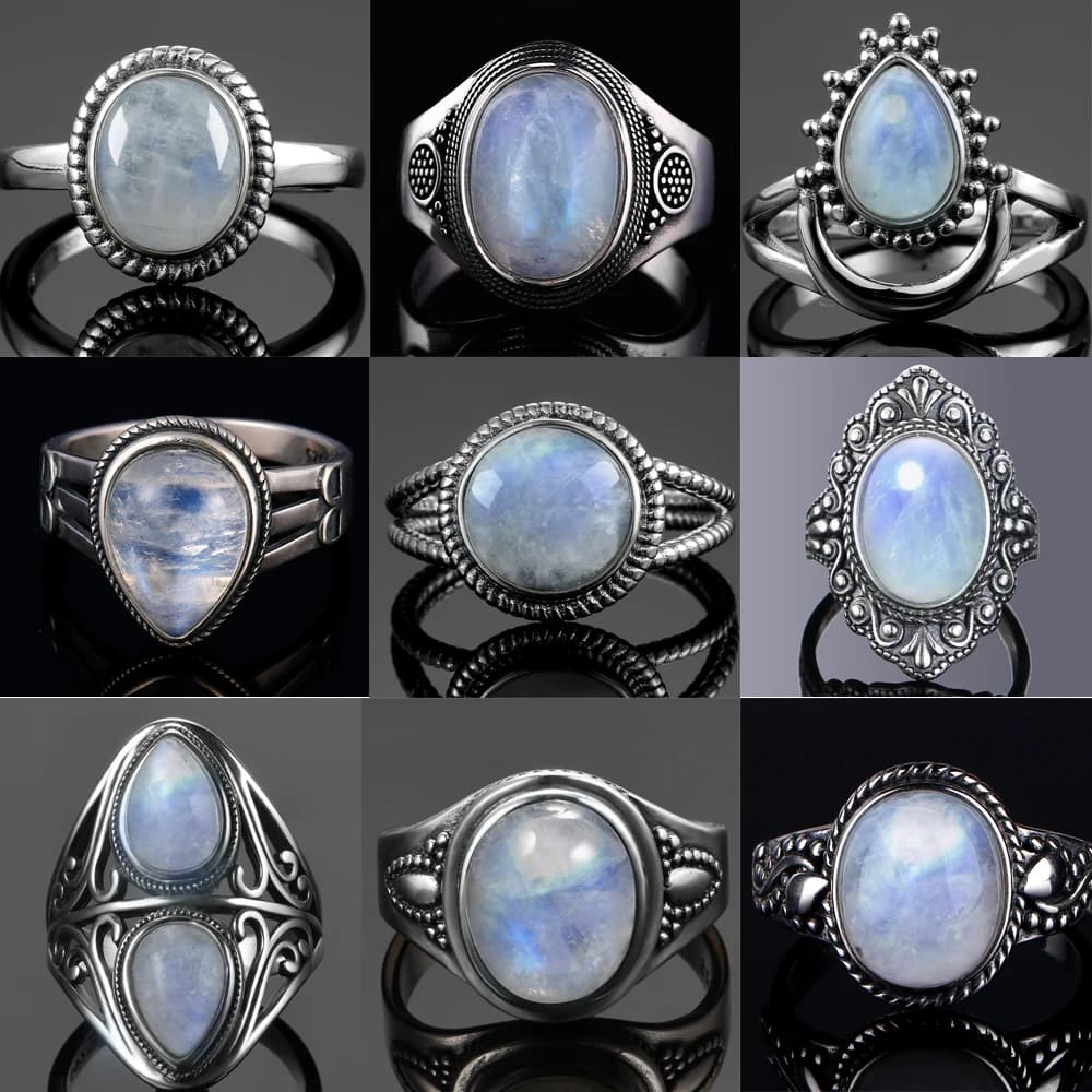Round Oval Big Natural Moonstones Rings Women's Silver Plated Rings Gifts Vintage Fine Jewelry