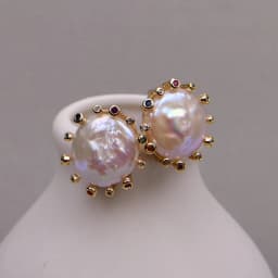 GG Cultured White Coin Keshi Pearl Stud Earrings CZ Pave Gold Plated Earring For Women Valentines Day Jewelry