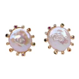 GG Cultured White Coin Keshi Pearl Stud Earrings CZ Pave Gold Plated Earring For Women Valentines Day Jewelry