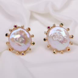 GG Cultured White Coin Keshi Pearl Stud Earrings CZ Pave Gold Plated Earring For Women Valentines Day Jewelry