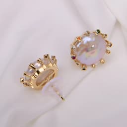 GG Cultured White Coin Keshi Pearl Stud Earrings CZ Pave Gold Plated Earring For Women Valentines Day Jewelry