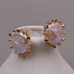 GG Cultured White Coin Keshi Pearl Stud Earrings CZ Pave Gold Plated Earring For Women Valentines Day Jewelry