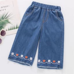 Pure Cotton Girls Jeans Summer Soft Thin Children Trousers Sweet Cute Rabbit Heart Embroidered Kids Wide-Leg Pants 1-6 Y Toddler