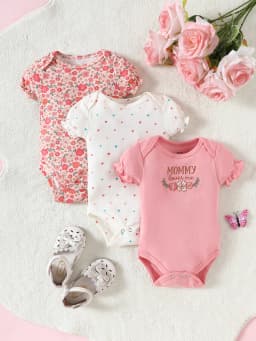 3PCS Summer Baby Girls Three Piece Bodysuit Animal Kingdom and Elephant Letter Pattern Short Sleeve Bodysuit Mother's Day Gif