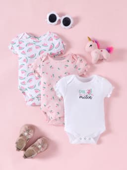  3PCS Summer Baby Girls Three Piece Bodysuit Animal Kingdom and Elephant Letter Pattern Short Sleeve Bodysuit Mother's Day Gif