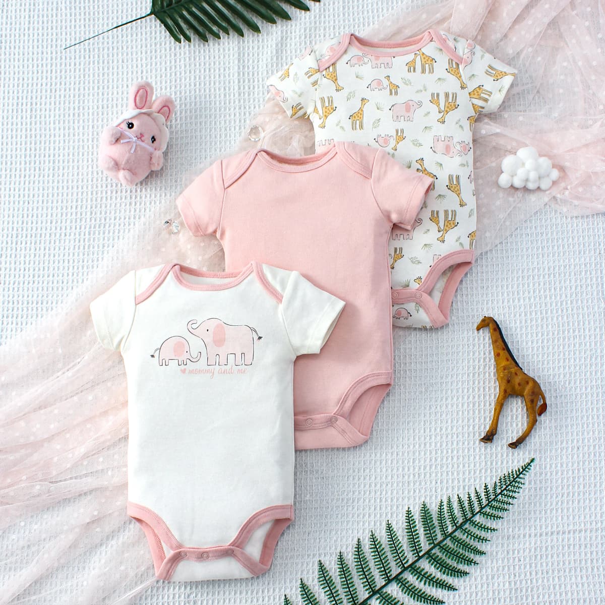  3PCS Summer Baby Girls Three Piece Bodysuit Animal Kingdom and Elephant Letter Pattern Short Sleeve Bodysuit Mother's Day Gif