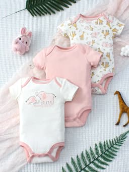  3PCS Summer Baby Girls Three Piece Bodysuit Animal Kingdom and Elephant Letter Pattern Short Sleeve Bodysuit Mother's Day Gif