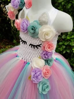 Cute Baby Girls Pastel Unicorn Flowers Tutu Dress Kids Crochet Dress with Hairbow Children Christmas Party Costume Cosplay Dress