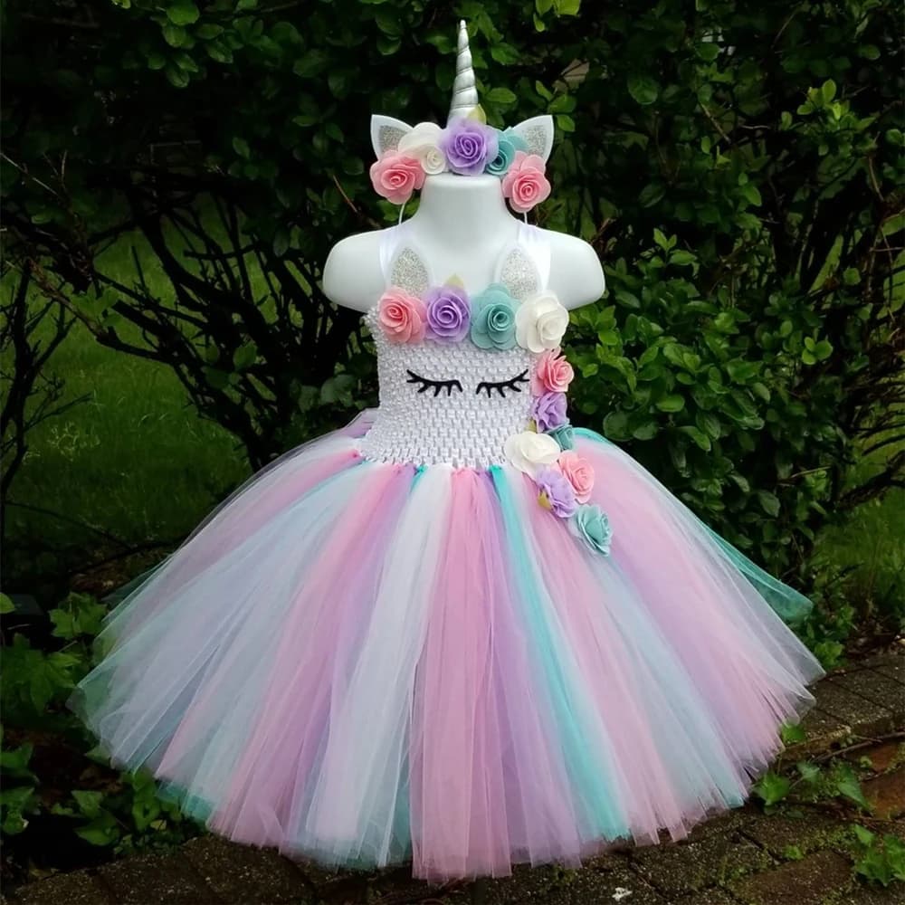 Cute Baby Girls Pastel Unicorn Flowers Tutu Dress Kids Crochet Dress with Hairbow Children Christmas Party Costume Cosplay Dress