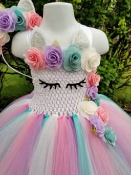 Cute Baby Girls Pastel Unicorn Flowers Tutu Dress Kids Crochet Dress with Hairbow Children Christmas Party Costume Cosplay Dress