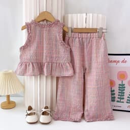 Pink Girl's Summer Two-piece Set with Single Breasted Sleeveless Top and Casual Pants, New Children's Sets Kids Clothes