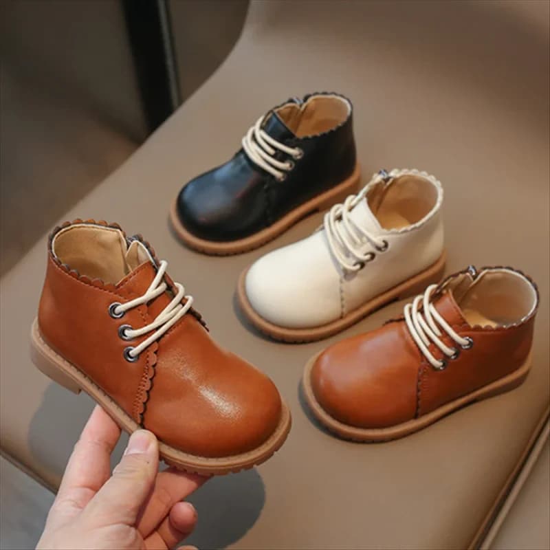Girls Leather Boots 2024 Spring Autumn Kids Ankle Boots For Girl Lace-up Side Zipper Rubber Boots Size 21-30
