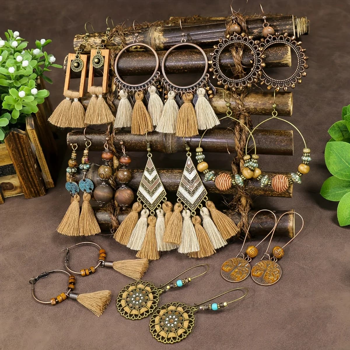 10 Pairs Brown Earrings Set Boho Jewelry Set Drop Dangle Earrings Tassel Wooden Beading Vintage Statement Earrings for Women