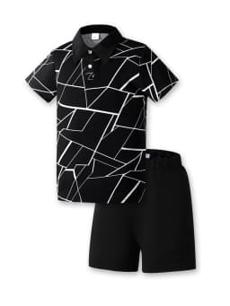 Tween Boy Summer 2pcs/Set Casual White Cracked Pattern Short Sleeve Tee & Plain Shorts Outfits