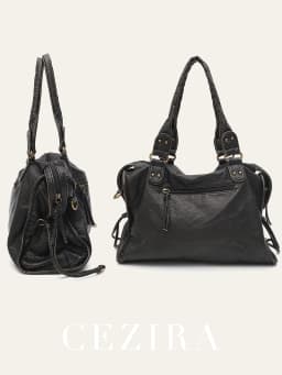 Vintage Washed PU Leather Large Capacity Tote Zip Pockets Braid Decor Shoulder Cross body Bag Unisex Women Daily Travel Handbag
